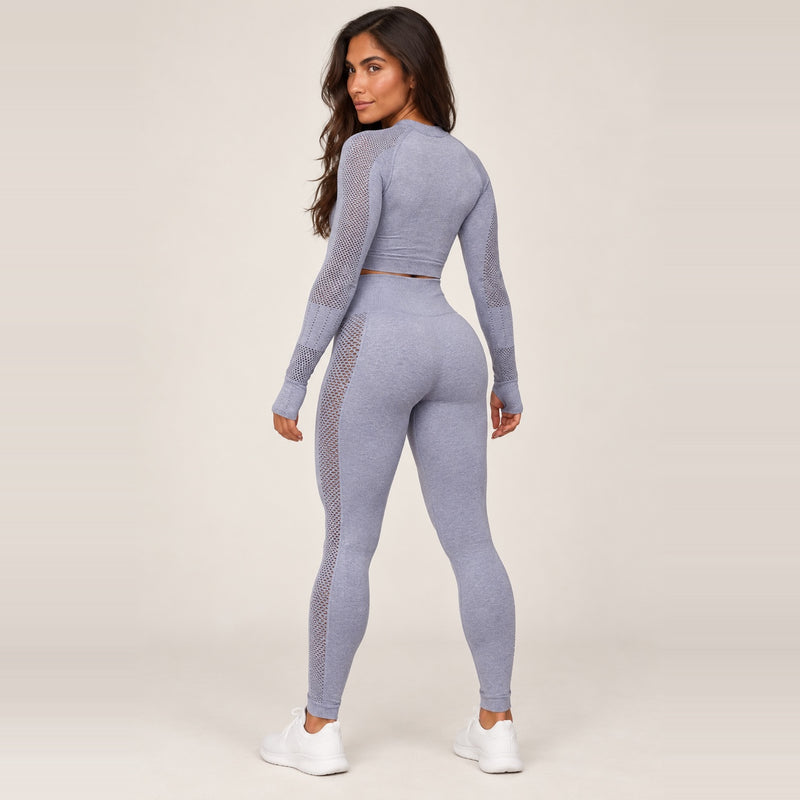 Long Sleeve Crop Top and Mesh Panel Leggings Set - Gray