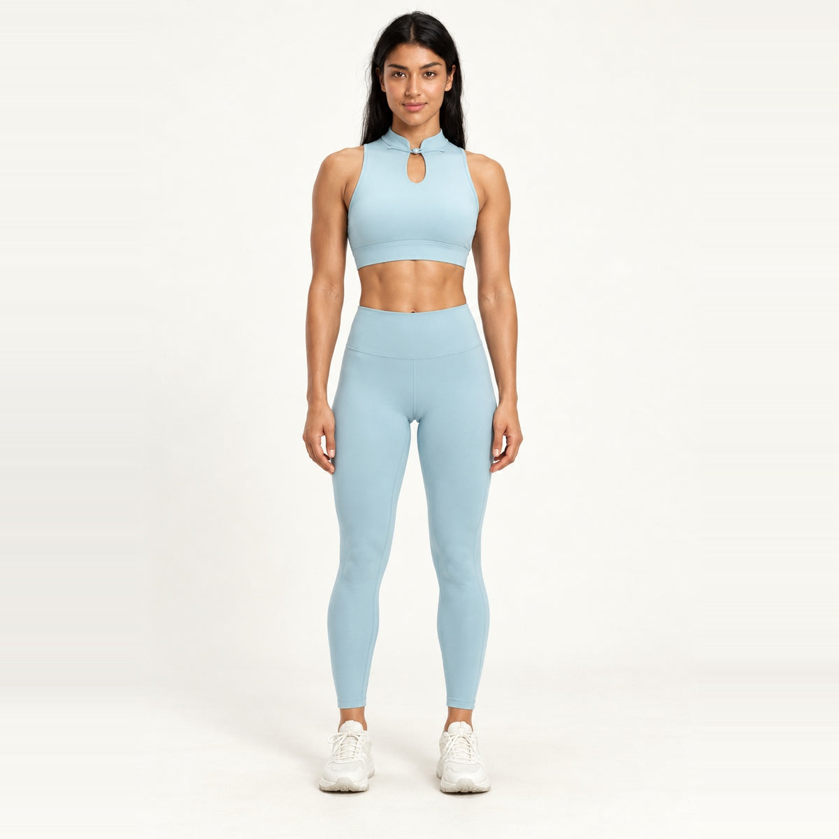 Keyhole Mock Neck Crop Top and Leggings Set - Light Blue