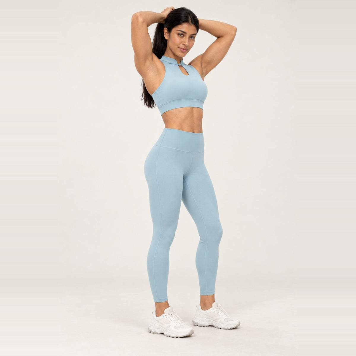 Keyhole Mock Neck Crop Top and Leggings Set - Light Blue