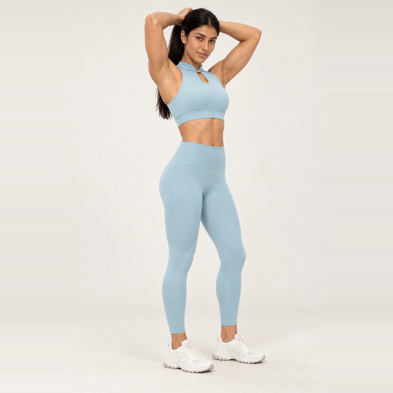 Keyhole Mock Neck Crop Top and Leggings Set - Light Blue