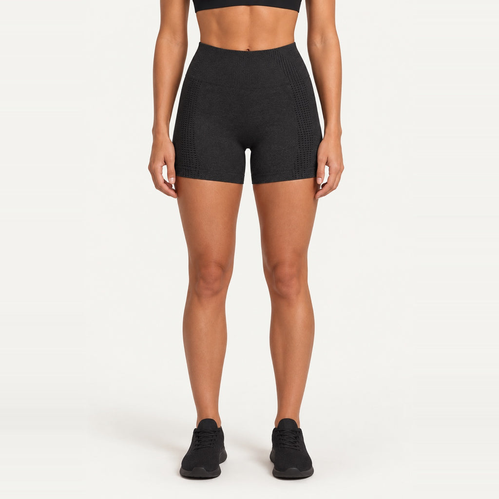 High-Waisted Shorts with Textured Side Panels - Black