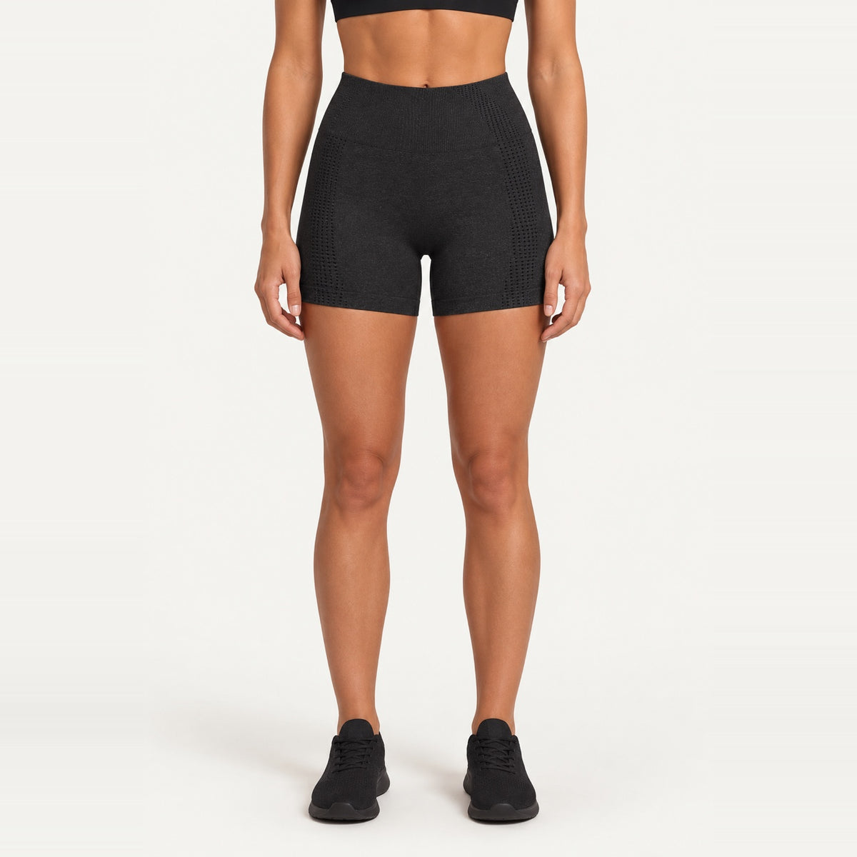 High-Waisted Shorts with Textured Side Panels - Black