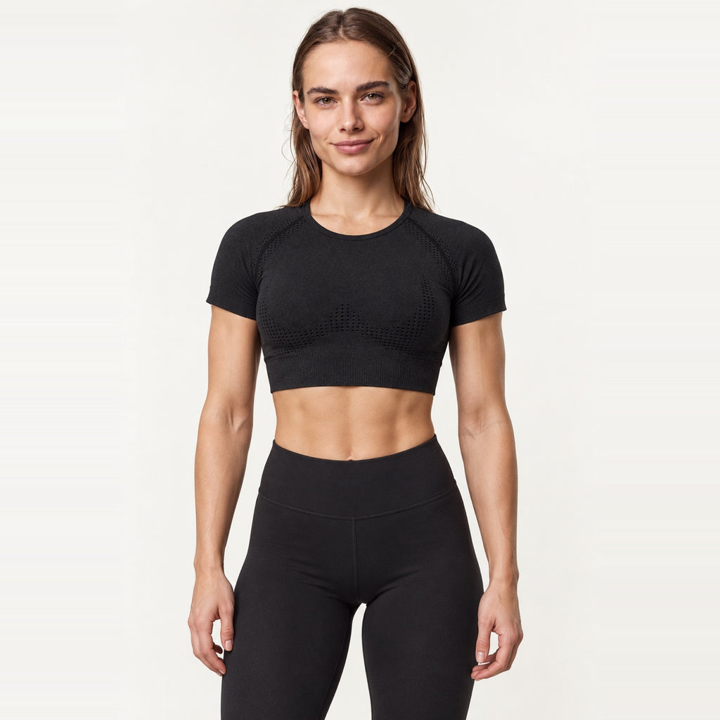Short Sleeve Crop Top with Textured Panels - Black
