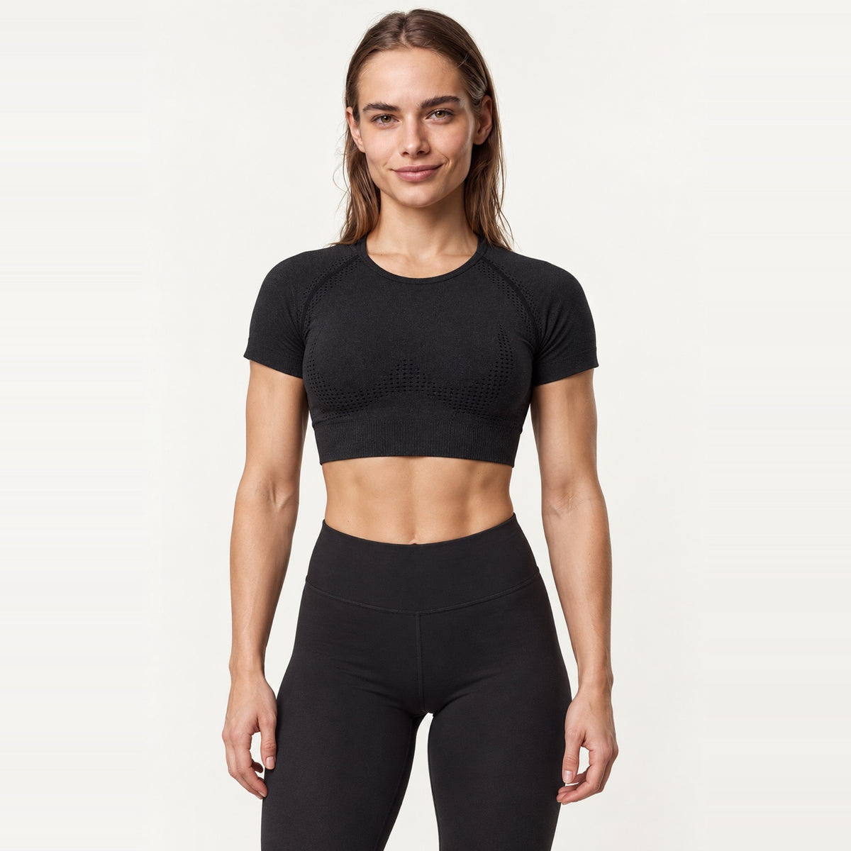 Short Sleeve Crop Top with Textured Panels - Black