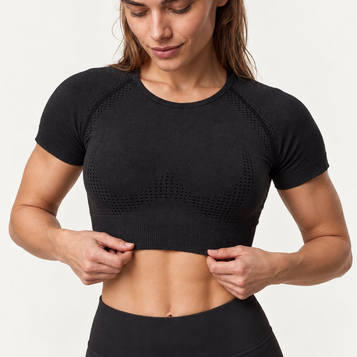 Short Sleeve Crop Top with Textured Panels - detail