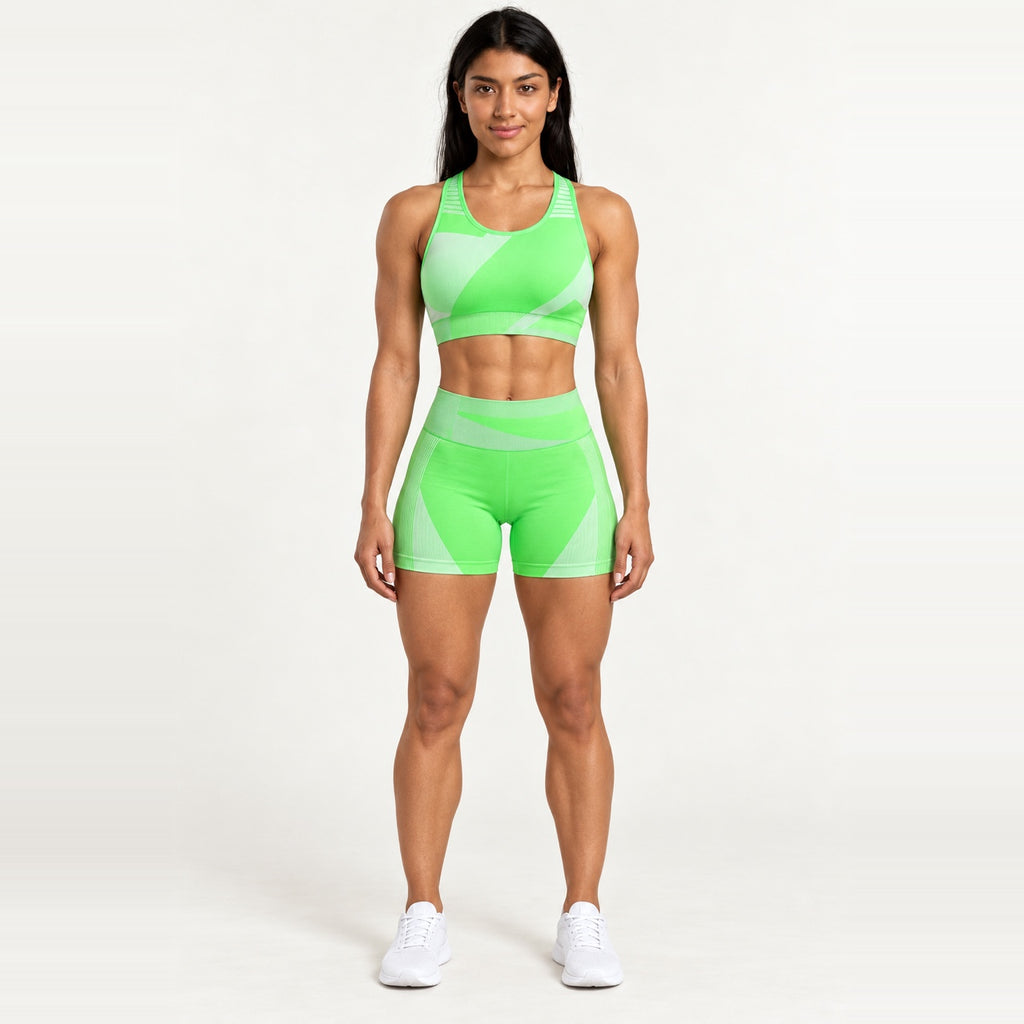 Contrast-Knit Sports Bra and Biker Shorts Set - Neon Green