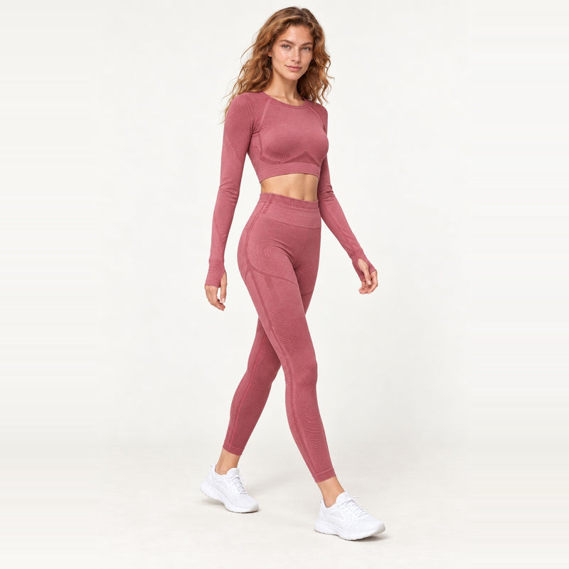 Keyhole-Back Crop Top with Leggings Set Options - Dusty Rose Set