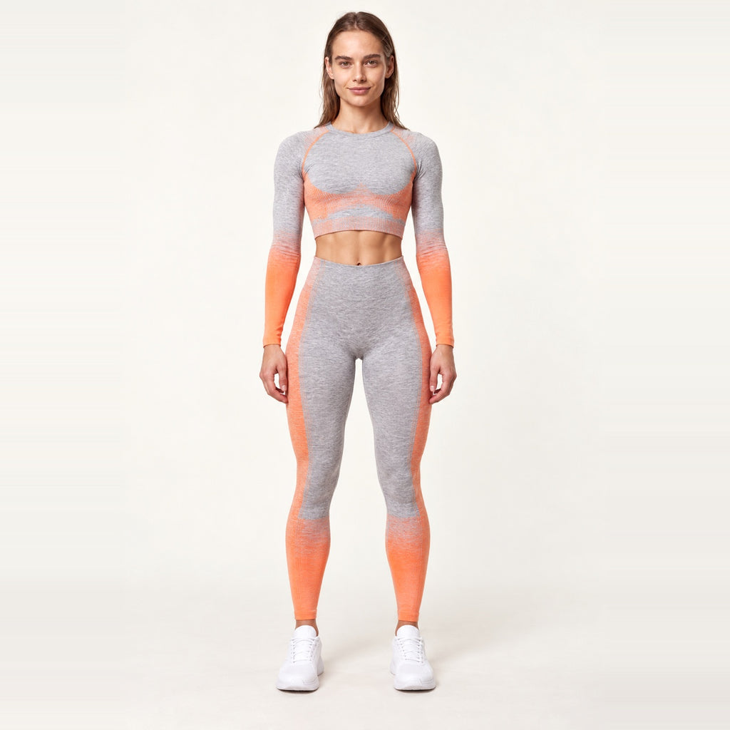 Contrast-Panel Long Sleeve Top and Cropped Leggings Set - Gray Orange