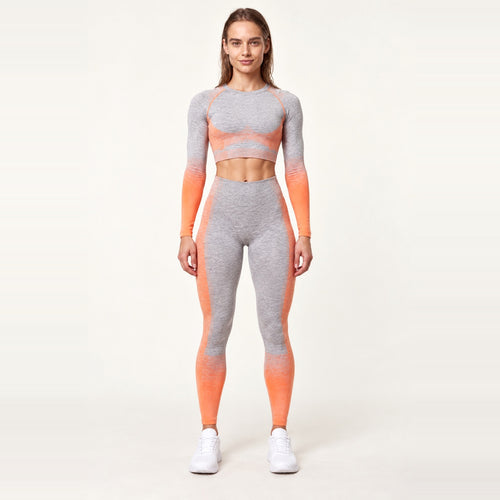 Contrast-Panel Long Sleeve Top and Cropped Leggings Set - Gray Orange