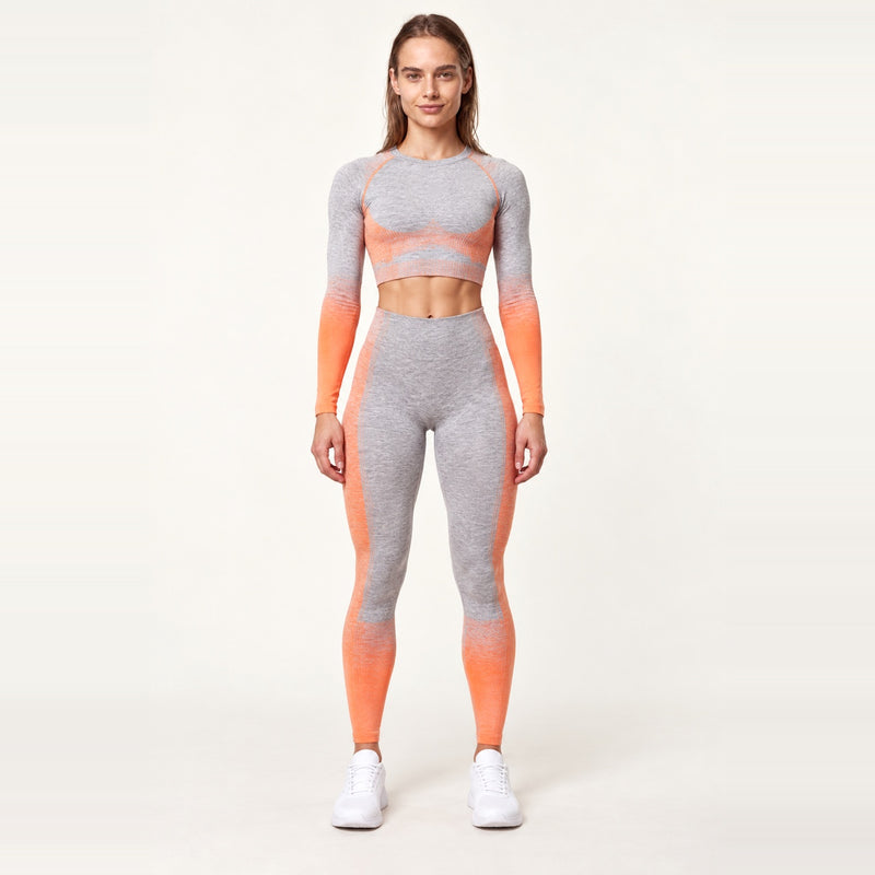 Contrast-Panel Long Sleeve Top and Cropped Leggings Set - Gray Orange