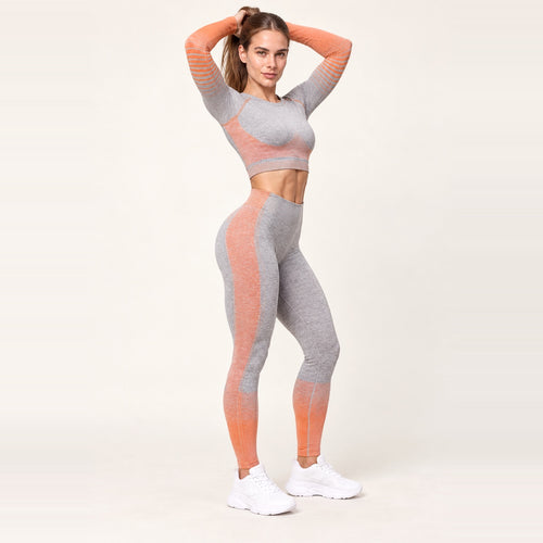 Contrast-Panel Long Sleeve Top and Cropped Leggings Set - Gray Orange