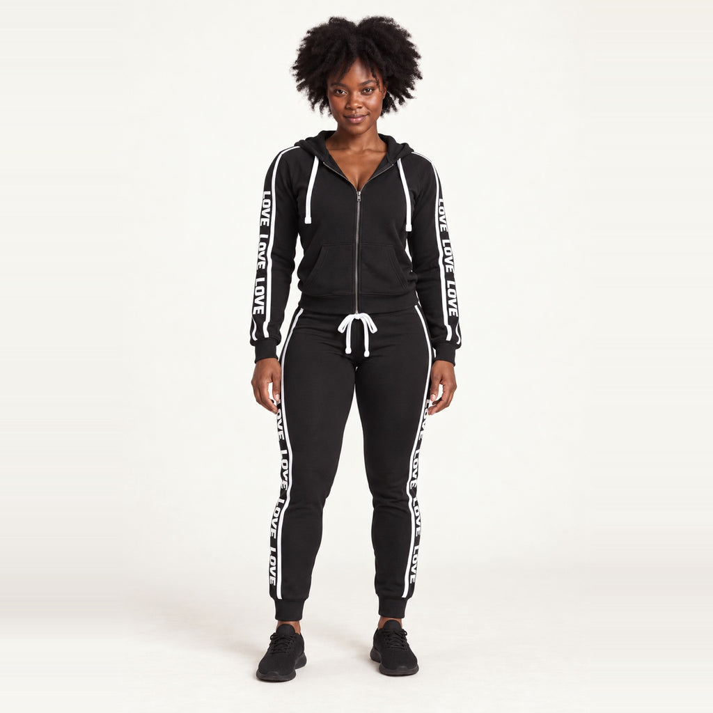 Letter-Print Zip Hoodie and Joggers Set - Black