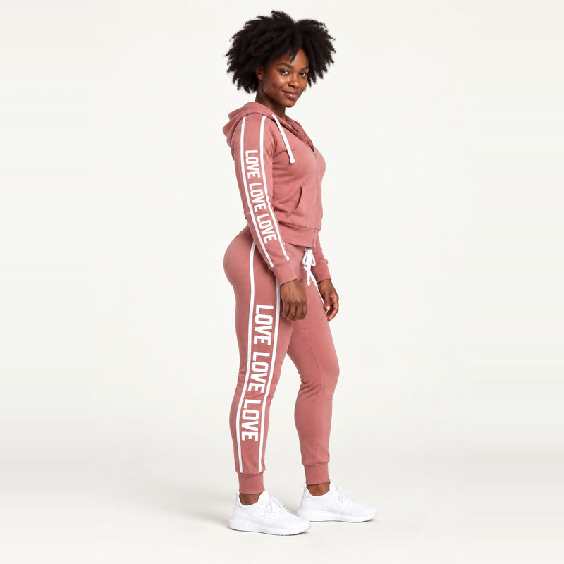 Letter-Print Zip Hoodie and Joggers Set - Dusty Rose