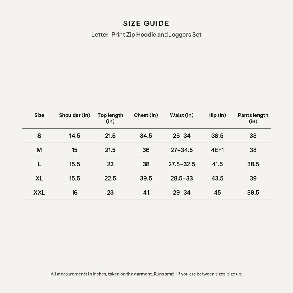 Letter-Print Zip Hoodie and Joggers Set - size guide