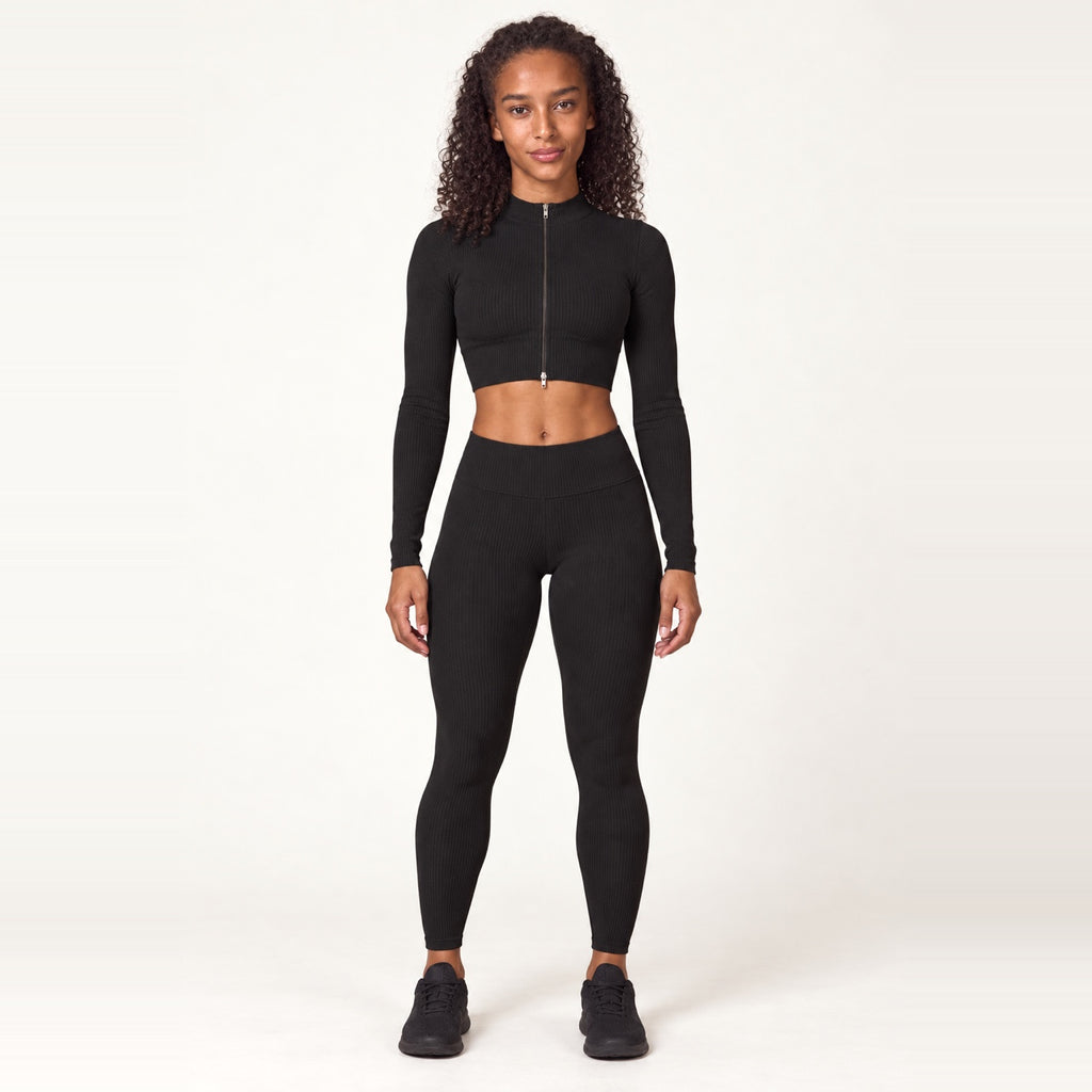Ribbed Zip-Up Crop Top and Leggings Set - Black