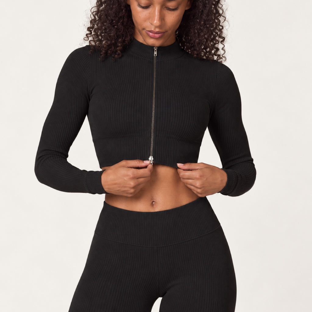 Ribbed Zip-Up Crop Top and Leggings Set - detail