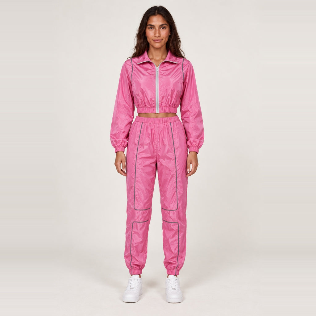 Zip-Up Track Jacket and Pants Set with Contrast Piping - Pink