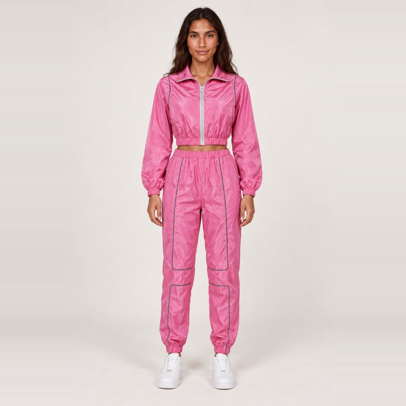 Zip-Up Track Jacket and Pants Set with Contrast Piping - Pink