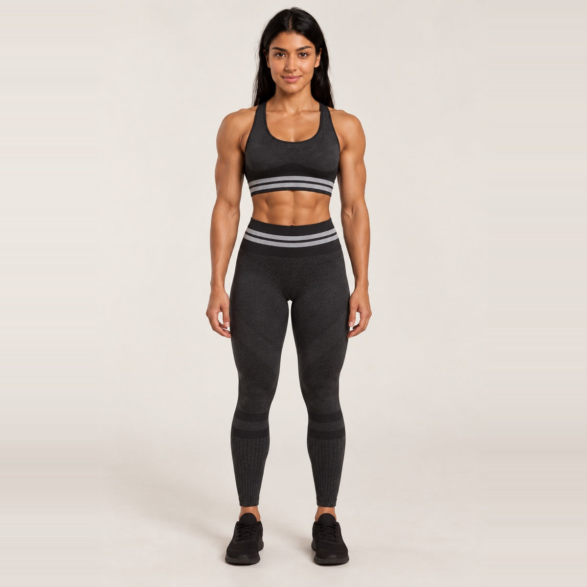 Striped-Waist Sports Bra and Knit Leggings Set - Black