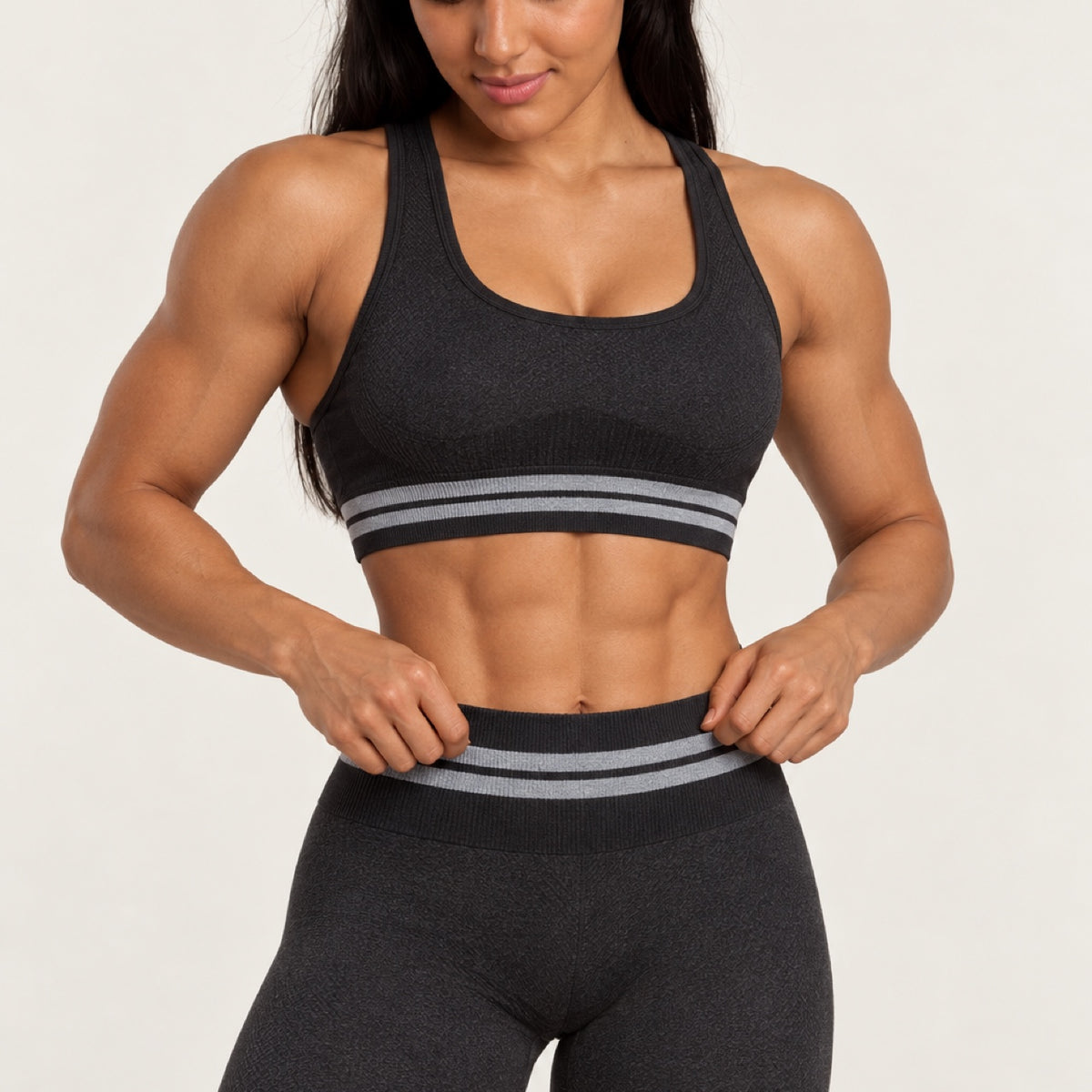 Striped-Waist Sports Bra and Knit Leggings Set - detail