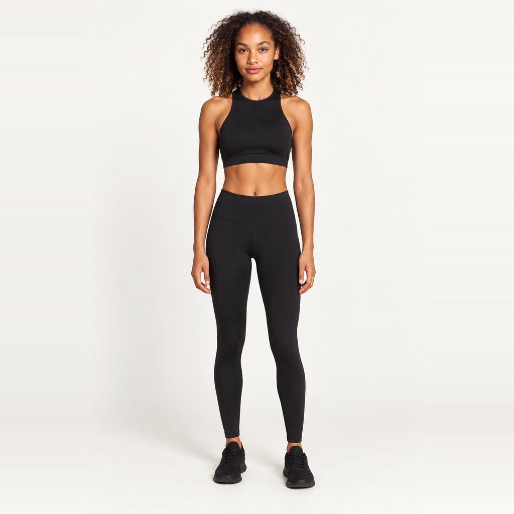 High-Neck Cutout Crop Tank and Leggings Set - Black
