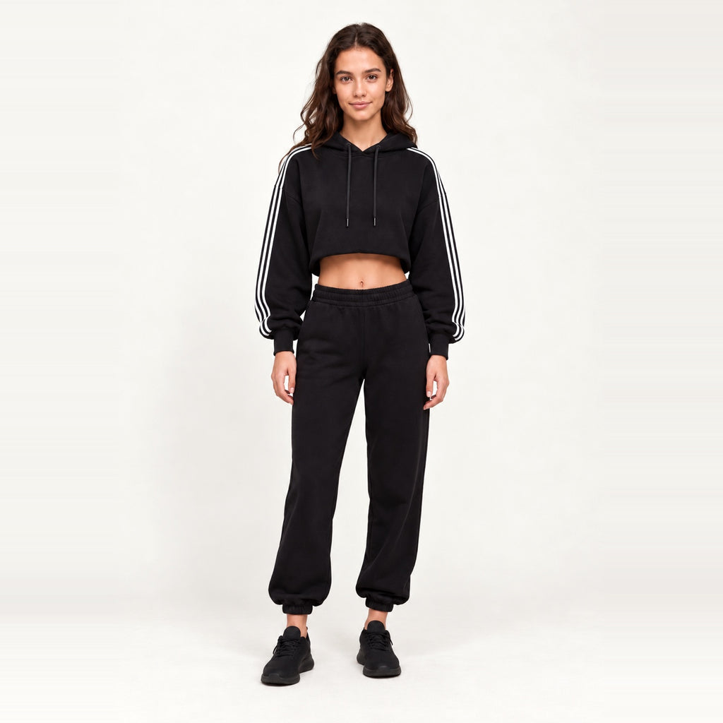 Striped-Sleeve Zip Hoodie and Joggers Set - Black