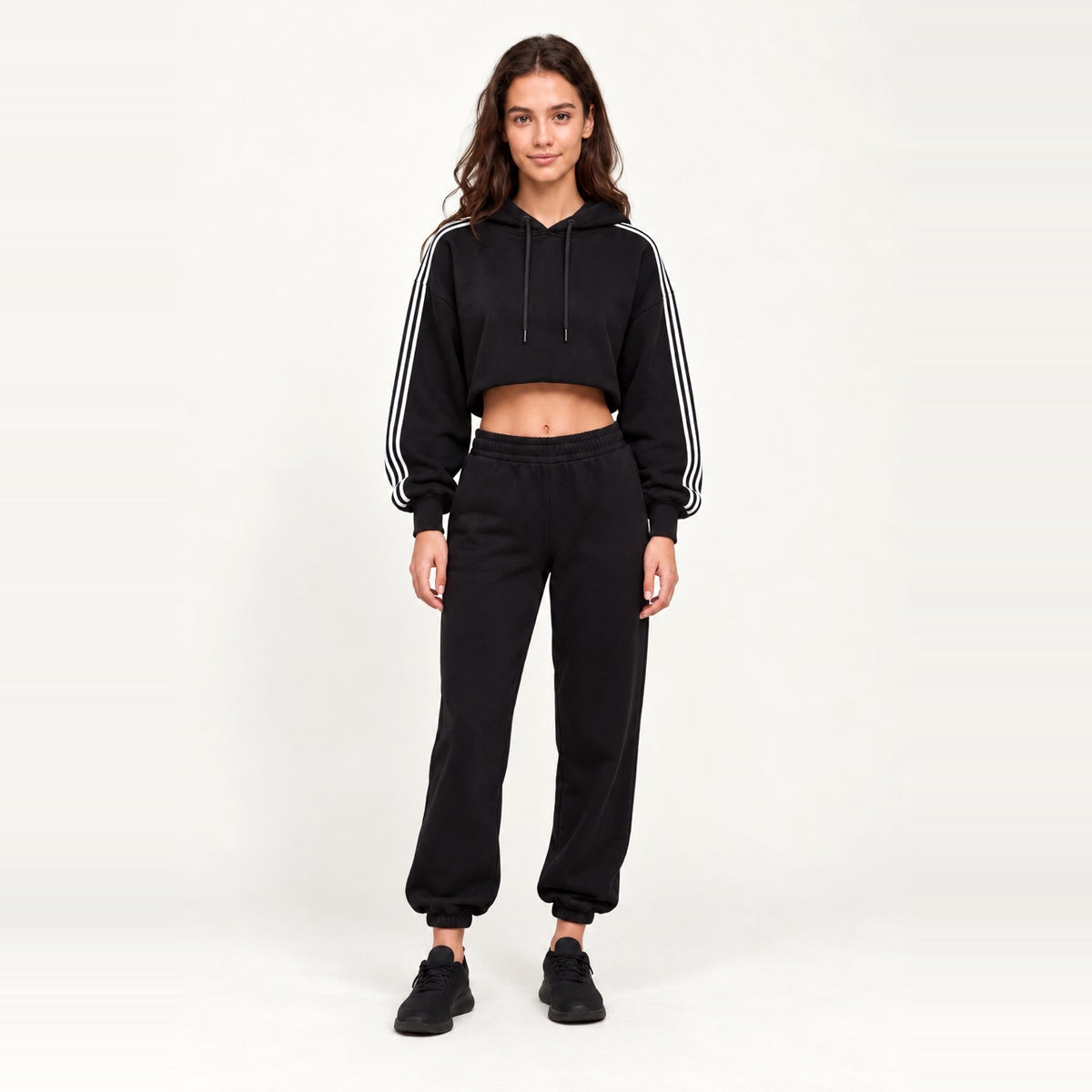 Striped-Sleeve Zip Hoodie and Joggers Set - Black