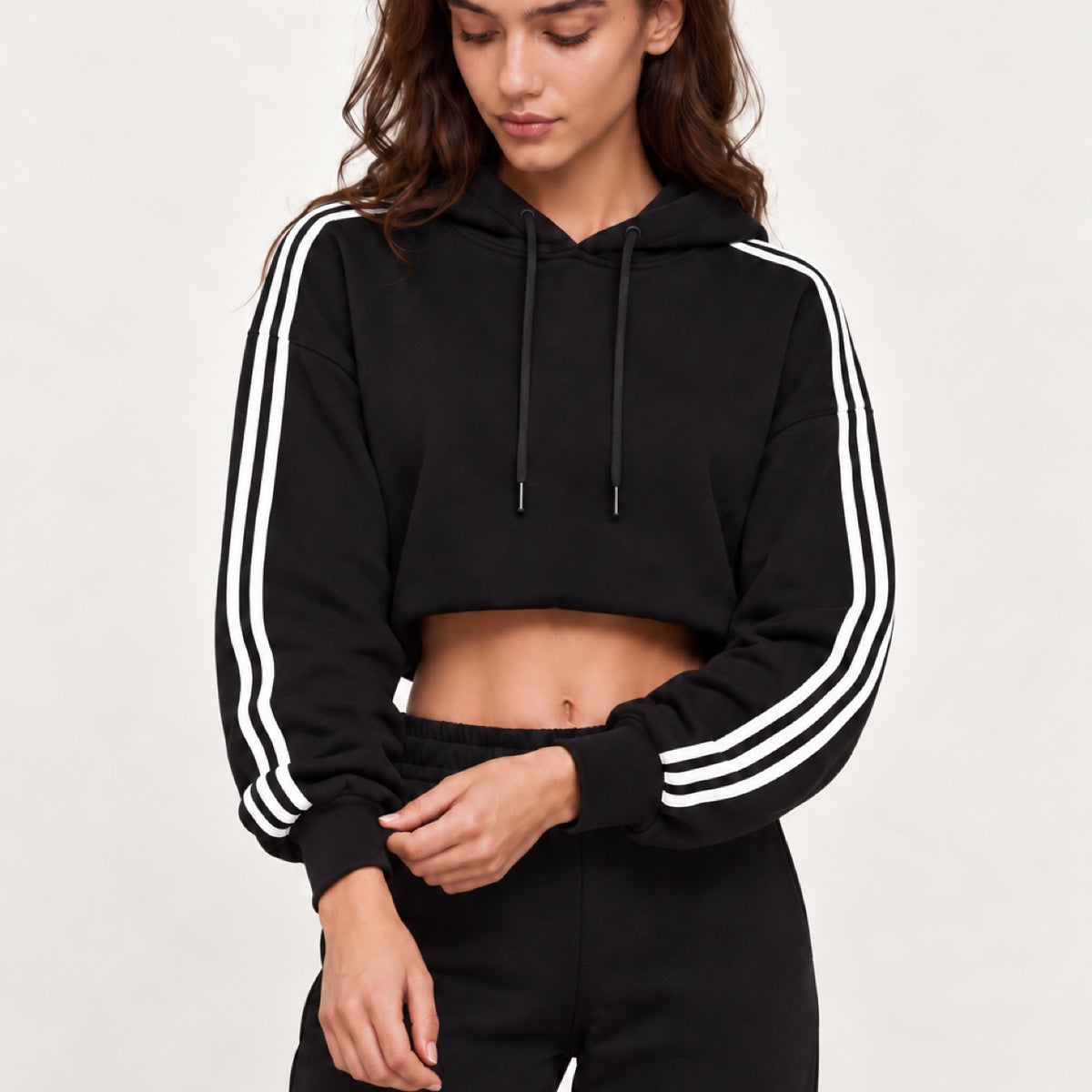 Striped-Sleeve Zip Hoodie and Joggers Set - detail