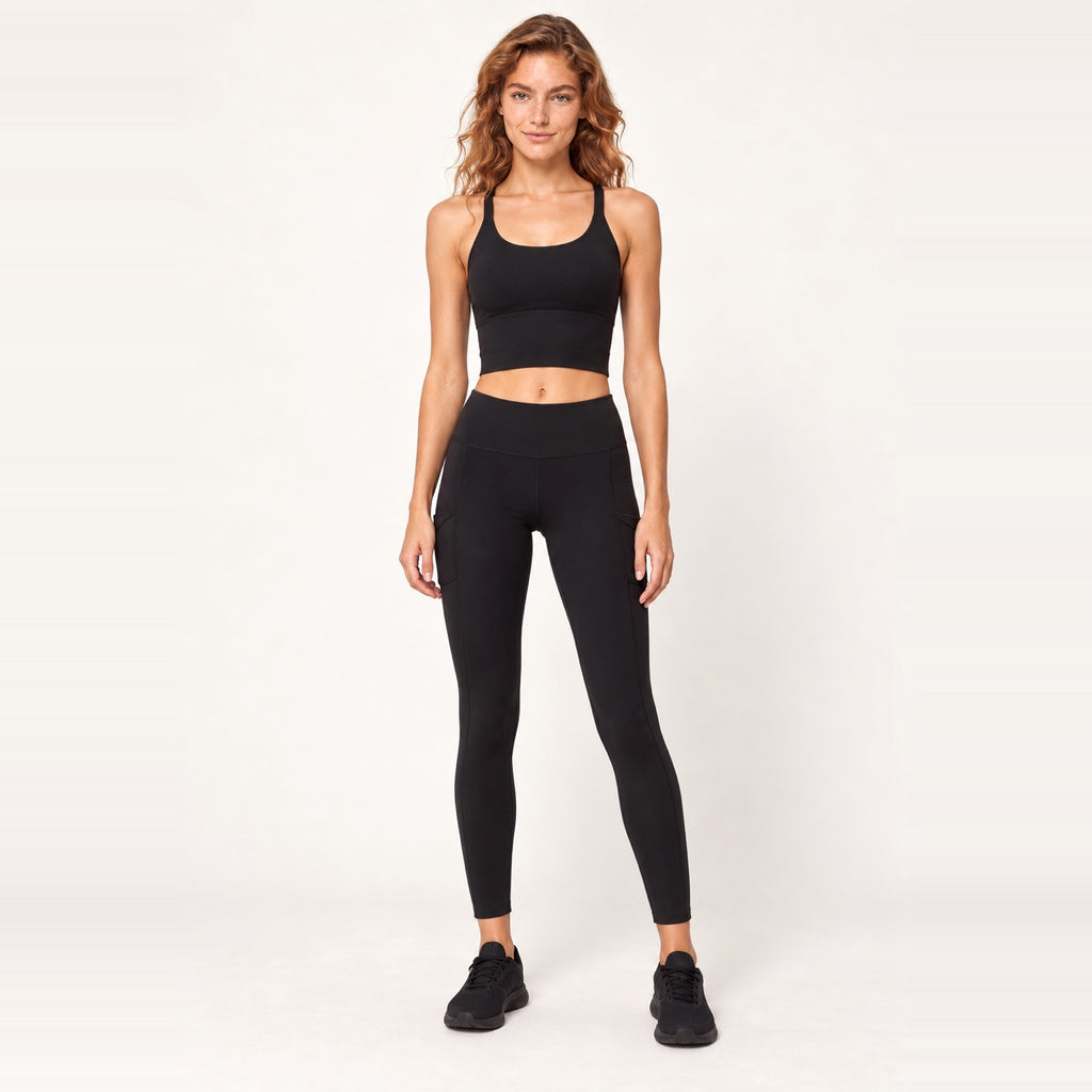 Strappy-Back Sports Bra and Pocket Leggings Set - Black