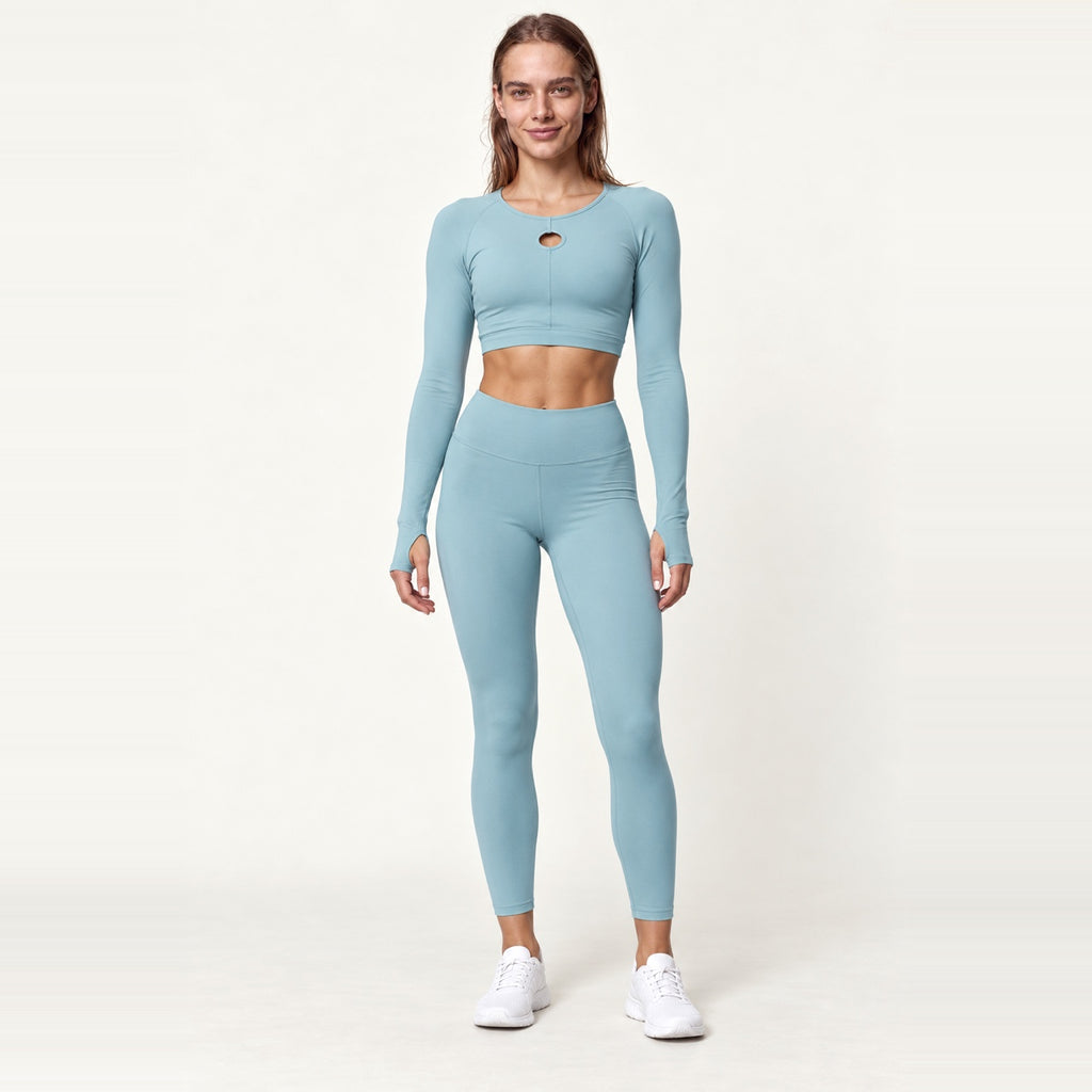 Keyhole Long Sleeve Crop Top and Leggings Set - Dusty Teal