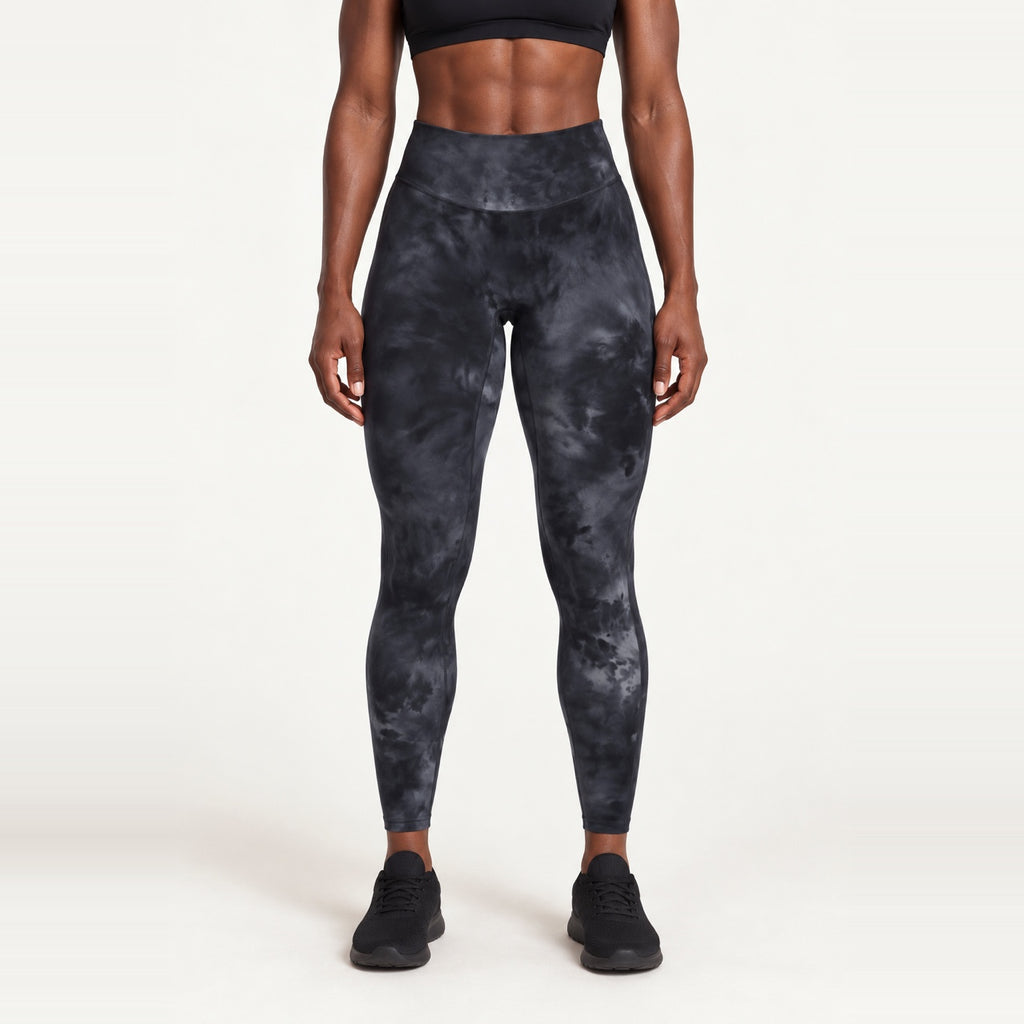 High-Waisted Ankle Leggings with Mottled Tie-Dye - Black