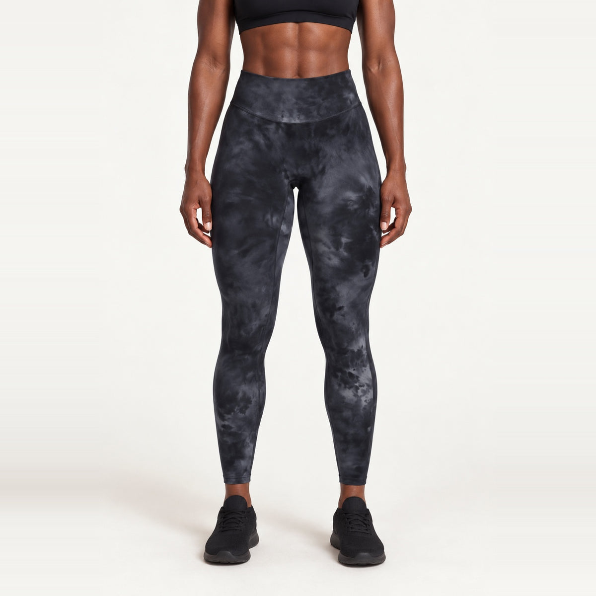 High-Waisted Ankle Leggings with Mottled Tie-Dye - Black