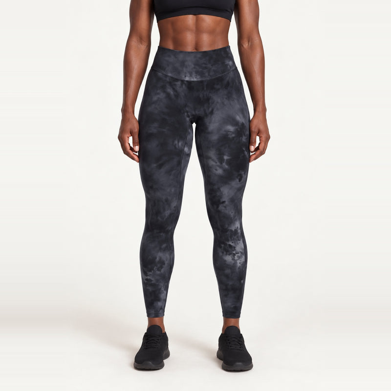 High-Waisted Ankle Leggings with Mottled Tie-Dye - Black