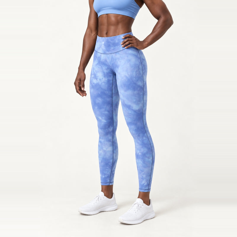 High-Waisted Ankle Leggings with Mottled Tie-Dye - Light Blue