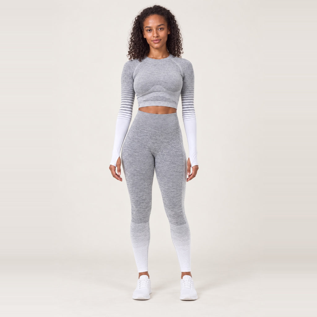 Striped-Panel Crop Top and Two-Tone Leggings Set - White Gray