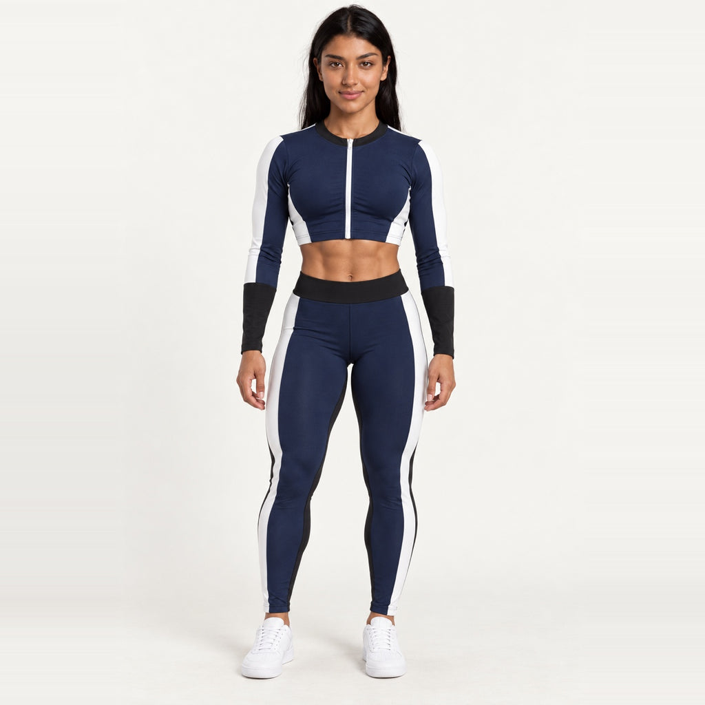 Contrast-Side Zip Crop Top and Leggings Set - Navy White