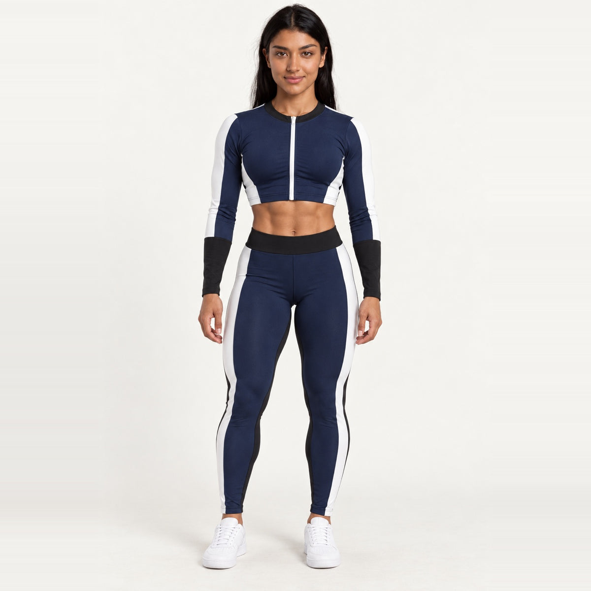 Contrast-Side Zip Crop Top and Leggings Set - Navy White