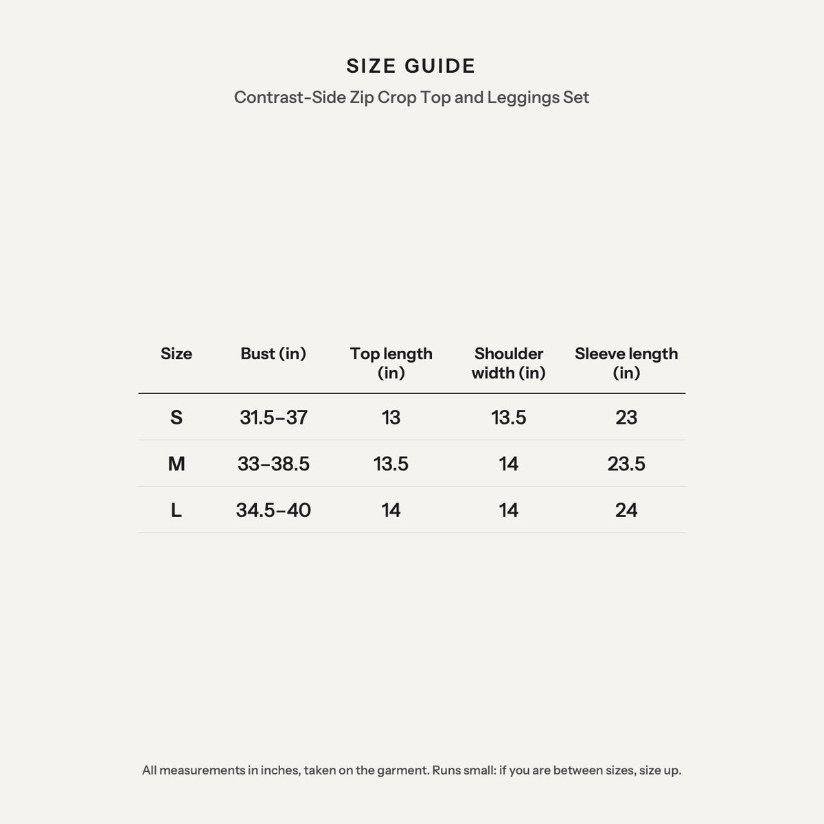 Contrast-Side Zip Crop Top and Leggings Set - size guide