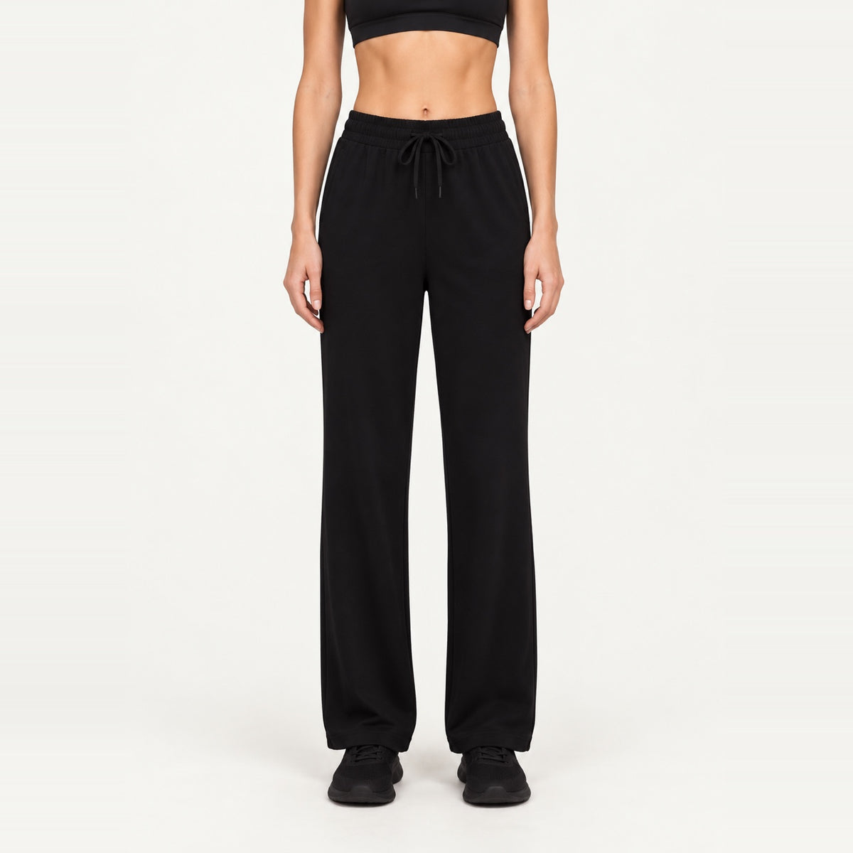Drawstring Wide-Leg Workout Pants with Pockets - Black