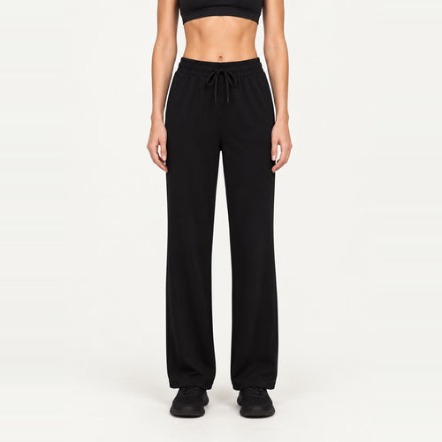Drawstring Wide-Leg Workout Pants with Pockets - Black