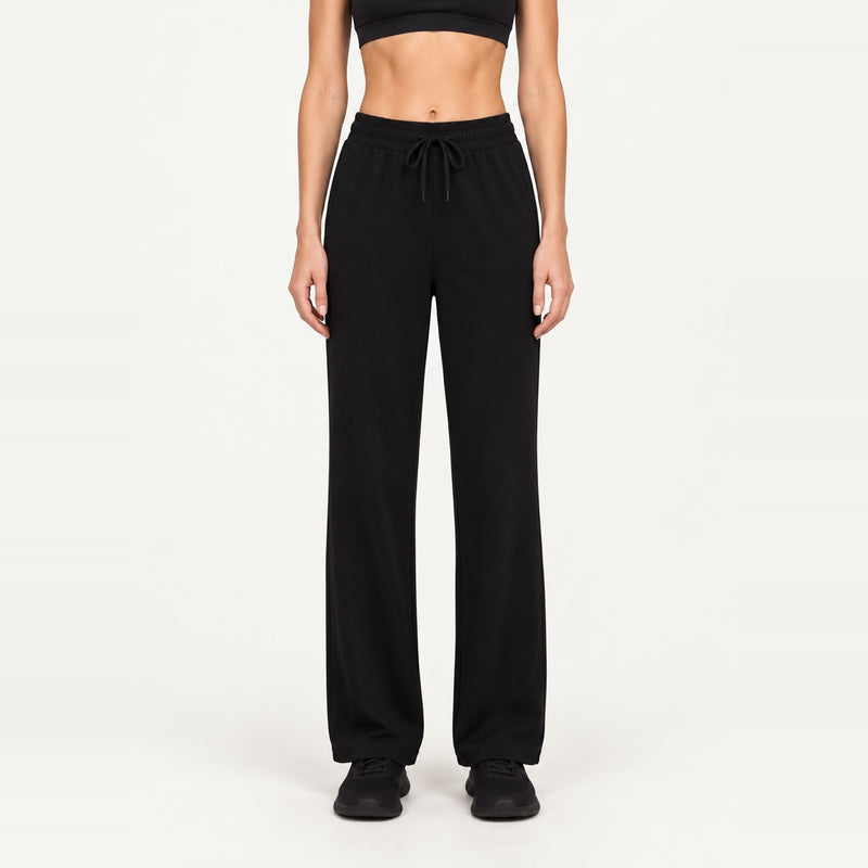 Drawstring Wide-Leg Workout Pants with Pockets - Black