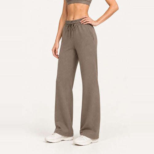 Drawstring Wide-Leg Workout Pants with Pockets - Taupe