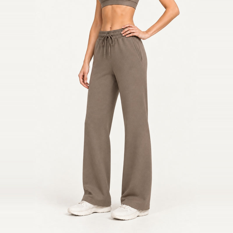 Drawstring Wide-Leg Workout Pants with Pockets - Taupe