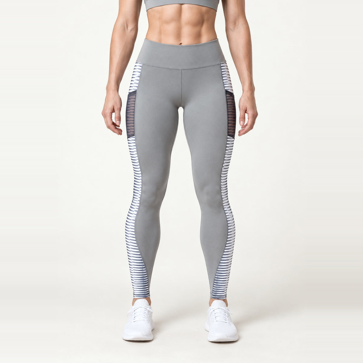 Pocket Leggings with Striped Mesh Side Panels - Light Gray