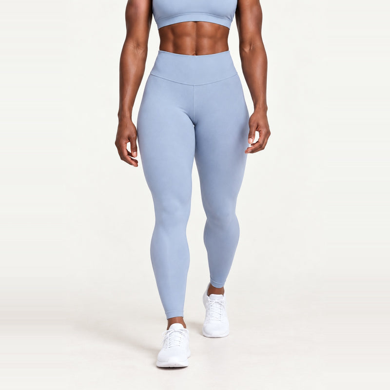 High-Waisted Ankle Leggings with Curved Front Seams - Light Blue