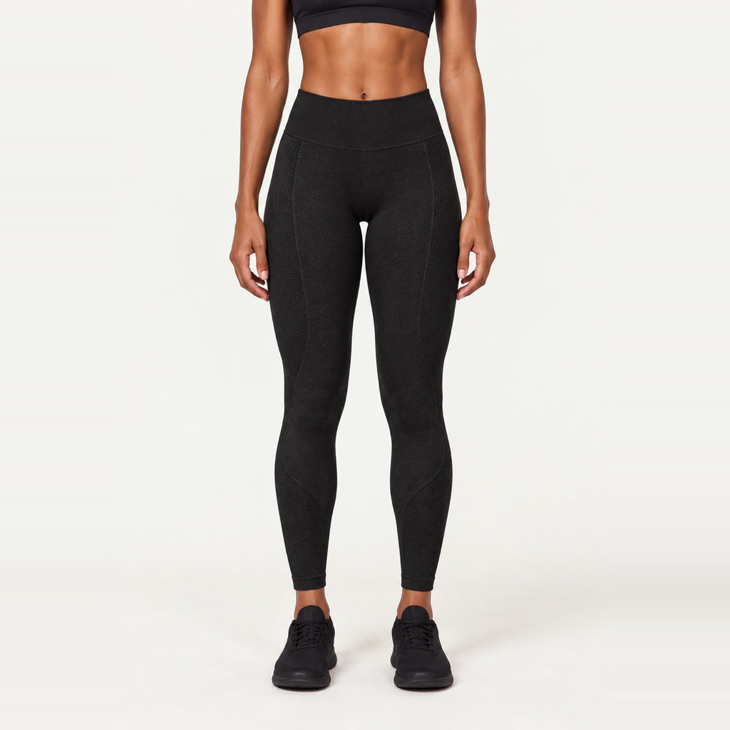 High-Waisted Leggings with Heathered Contour Panels - Black