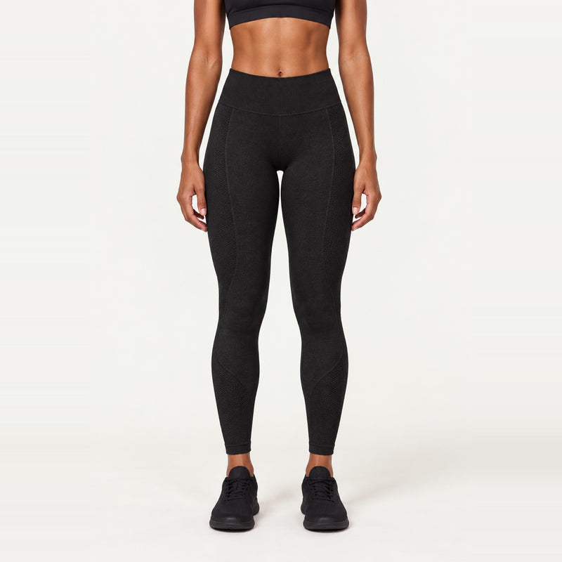 High-Waisted Leggings with Heathered Contour Panels - Black