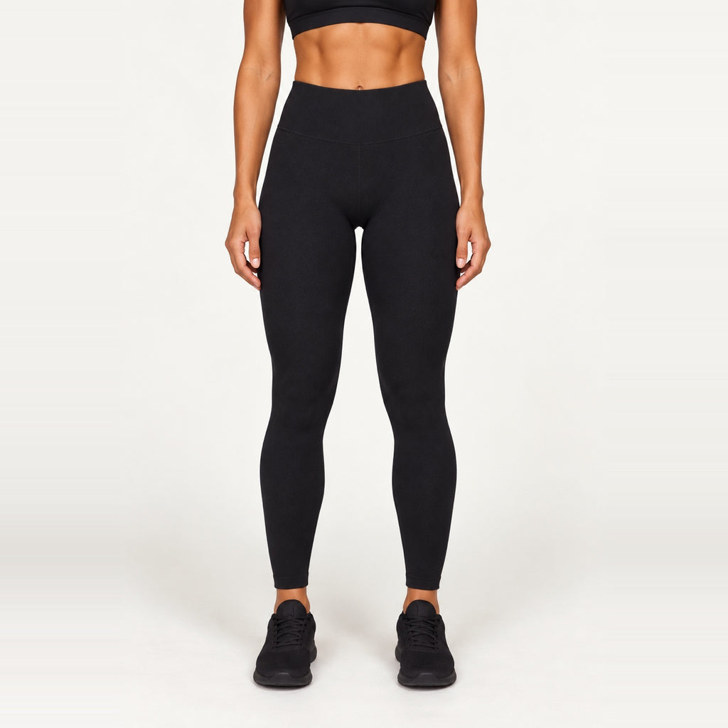 High-Waisted Workout Leggings with Ribbed Knit Panels - Black