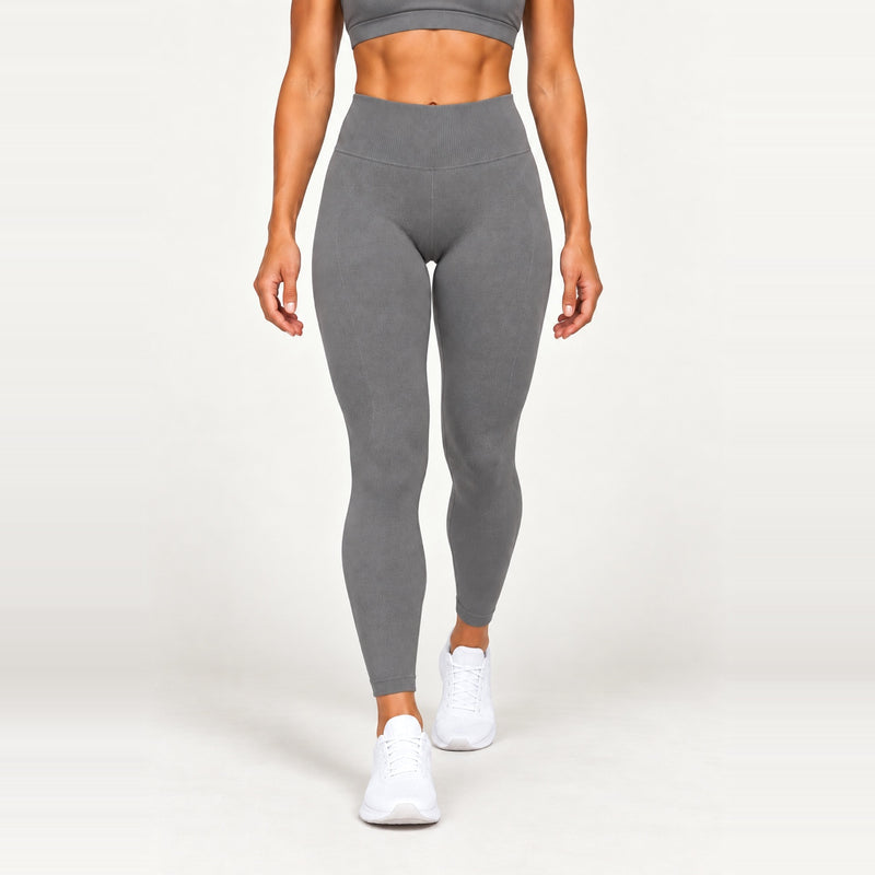 High-Waisted Workout Leggings with Ribbed Knit Panels - Gray