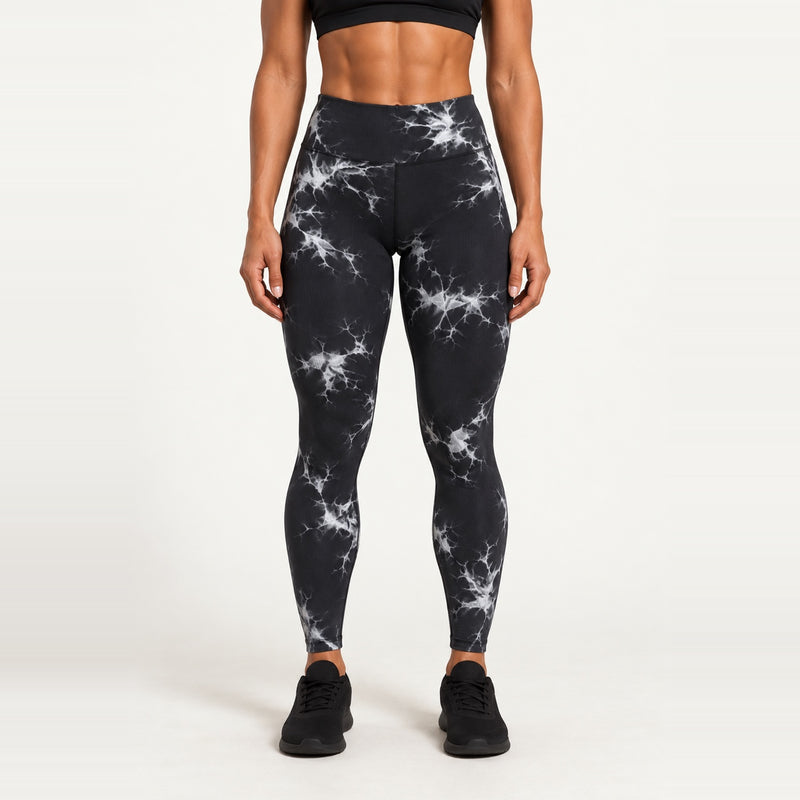 High-Waisted Leggings with Marbled Print - Black